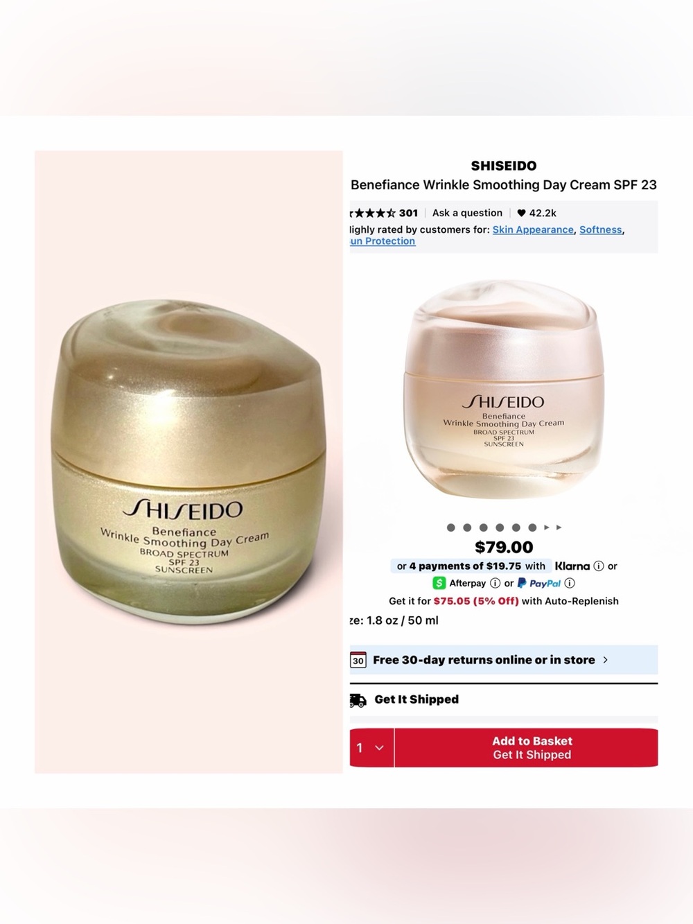 Shiseido Benefiance Wrinkle Smoothing Day Cream 1.8 Oz